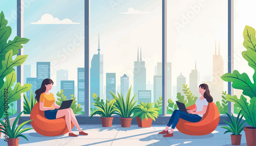 Two women working on laptops in a modern office with city view -  