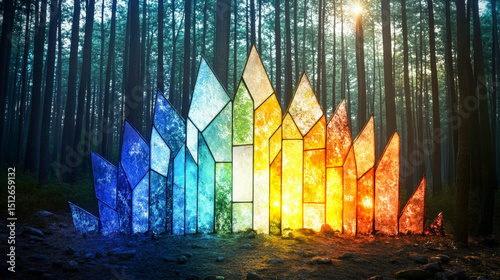 Abstract Magical Forest Scene with Light Through Crown of Colored Glass Shards