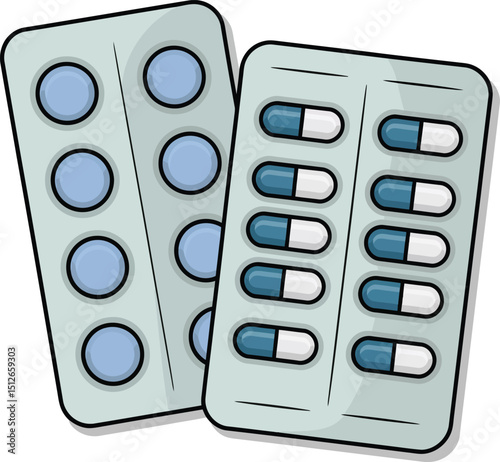 Cartoon Illustration Two Blister Packs of Medicine - Pills and Capsules.