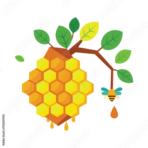 Honeycomb with bee and leaves vector on white background