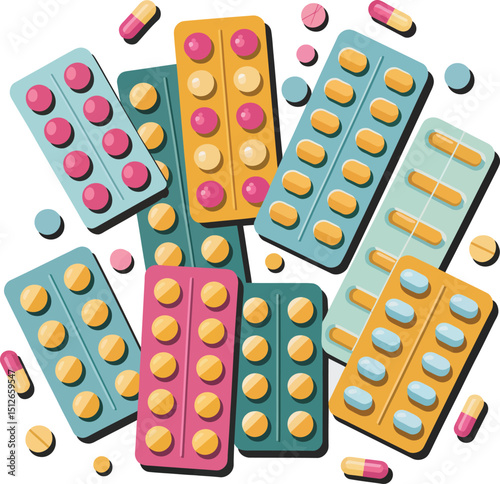 Colorful Pill Blisters and Capsules Illustration Medical Treatment, Healthcare, and Pharmaceutical Concepts.
