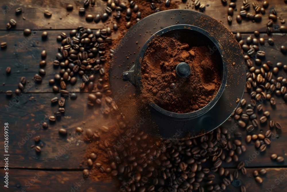 Coffee grinder transforming roasted beans into aromatic powder Coffee grinder transforming roasted beans into aromatic powder