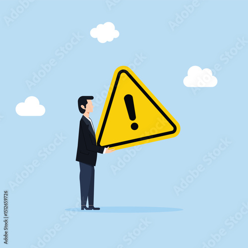 Businessman carrying huge with exclamation attention sign. Incident management, root cause analysis or solving problem, identify risk or critical failure concept vector