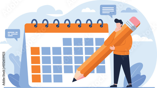 Calendar schedule, event or meeting reminder, date time planning, work deadline or appointment, due date organizer weekly review concept, businessman hold pencil thinking with calendar schedule