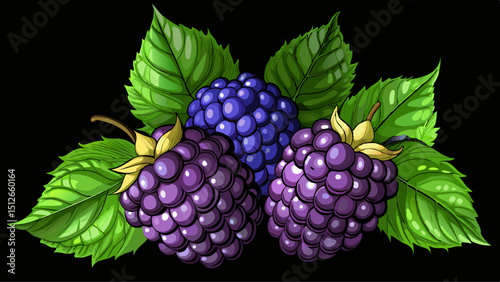 A cluster of three blackberries with green leaves on a black background in a digital illustration