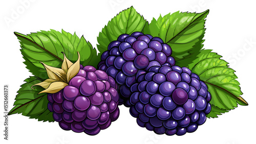A cluster of three blackberries with green leaves on a black background in a digital illustration