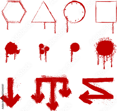 Shapes and directional symbols created with red paint on a white background show a unique artistic expression in abstract design.