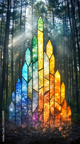 Abstract Magical Forest Scene with Light Through Crown of Colored Glass Shards