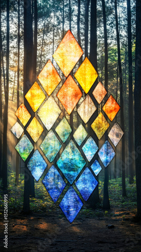 Abstract Magical Forest Scene with Light Through Crown of Colored Glass Shards