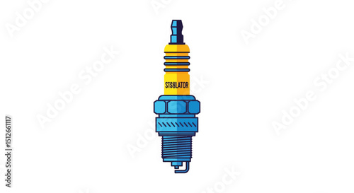 Detailed view of a single spark plug featuring distinct yellow and blue markings and threaded connector for automotive applications
