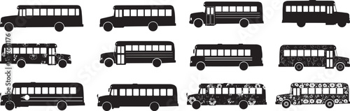 School bus clip art collection: black silhouette school bus graphics and vector bus illustrations design set