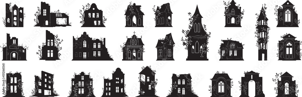 Fototapeta premium Illustration of ruined buildings set for game design and architecture concept in black and white style