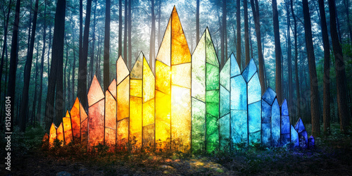 Abstract Magical Forest Scene with Light Through Crown of Colored Glass Shards