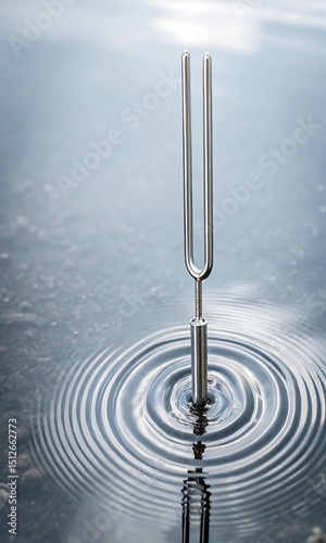 Tuning Fork Vibrating in Water Creating Ripples Demonstrating Sound Waves and Resonance a Physics and Musical Instrument Concept