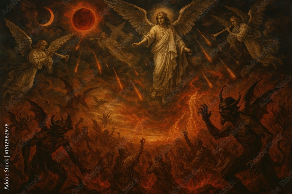 Obraz premium Apocalyptic Visions Unveiled A Surreal Fantasy Scene Inspired by the Book of Revelation Depicting Prophetic Imagery and End Times Symbolism Generative AI Artwork