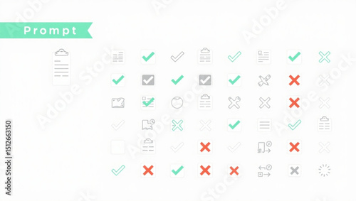 Checkmarks and crosses arranged in a grid pattern with document icons and prompt text at the top left created with generated ai