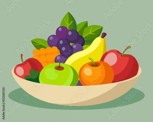 Bowl of fresh colorful fruits healthy eating flat vector illustration
