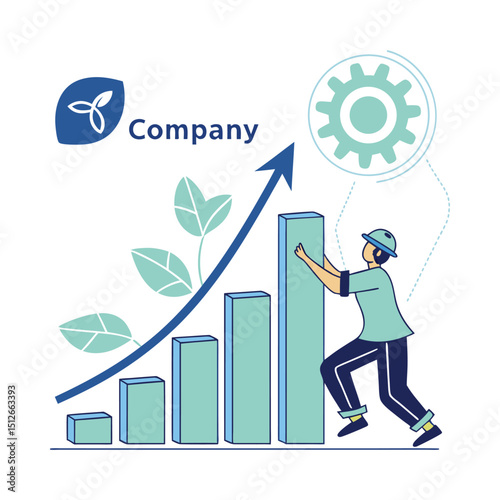 Business growth chart with worker vector on white background