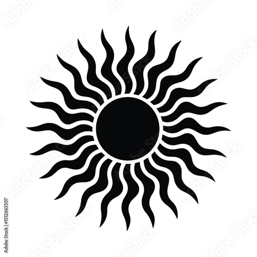 Stylized sun with wavy rays silhouette on white background