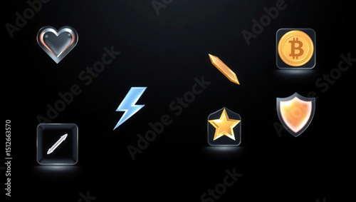 Illustration of heart lightning bolt bitcoin shield star and other game assets on black background created with generated ai