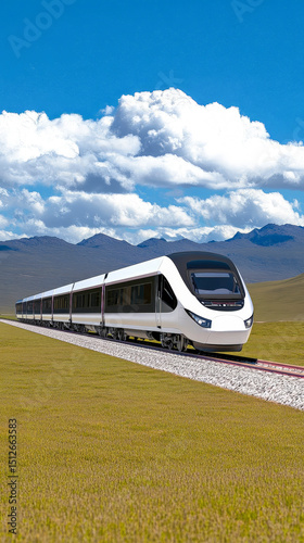 Eco-Friendly High Speed Train Travelling Through Scenic Green Fields with Blue Sky