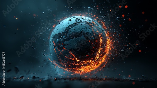 Large, fiery, and fragmented planet is depicted in the image. The planet appears to be in the process of exploding, with debris flying in all directions. Concept of chaos and destruction