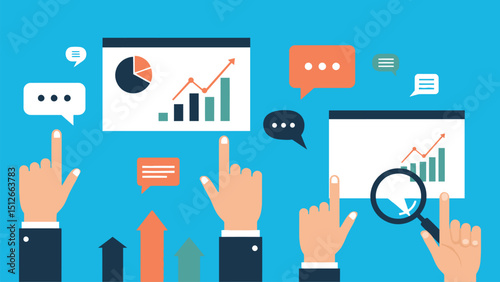 Symbolic hands interacting with clean business elements poster ready illustration