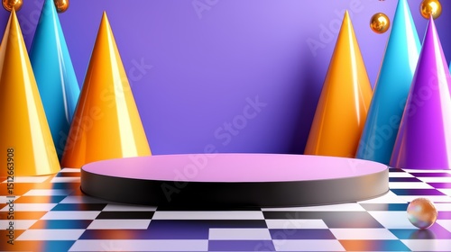 Large, round stage with a blue background and three orange and yellow cones. The cones are arranged in a triangular formation