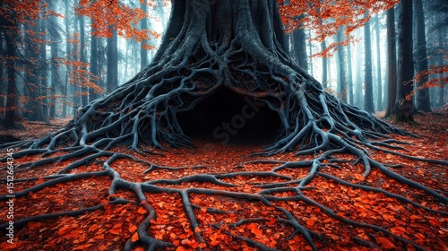 Gnarled roots form dark portal under autumn foliage photo