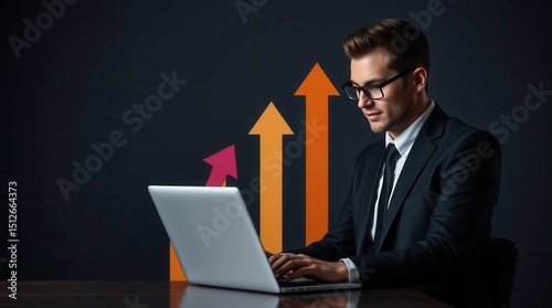 Professional working on laptop with rising arrow graphics suggesting growth and success in a dark room.
