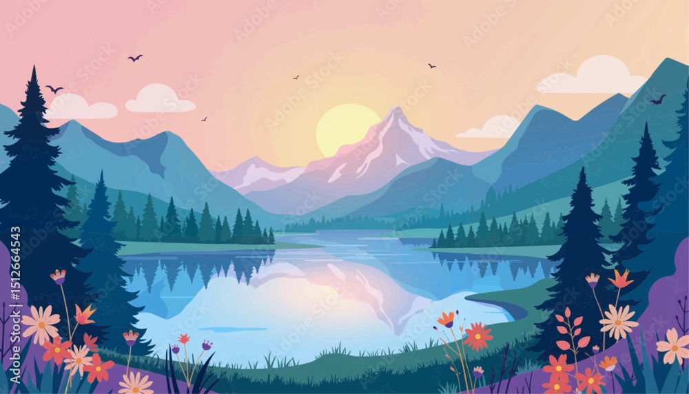Fototapeta Mountain landscape with lake and flowers during sunset  