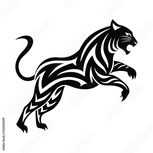 Leaping tiger tribal tattoo silhouette on white background