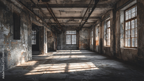 Abandoned Industrial Building Interior With Worn Concrete Walls and Windows