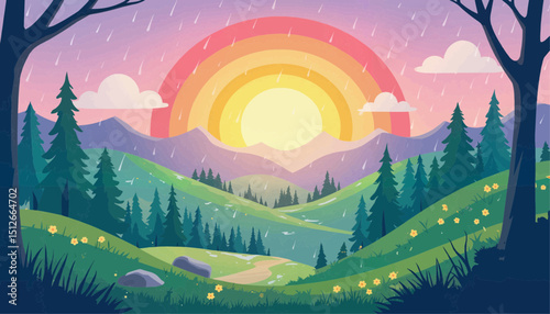 Vibrant rainbow arching over mountains and forest landscape at sunset  