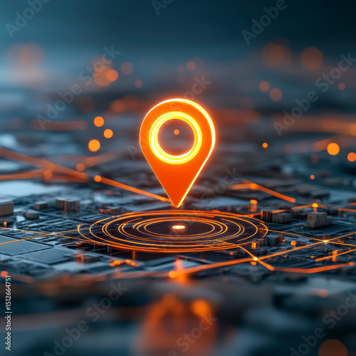 Glowing GPS Navigation Location Pin on Digital Network Grid for Smart Technology Use