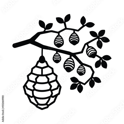Cocoons on branch silhouette on white background