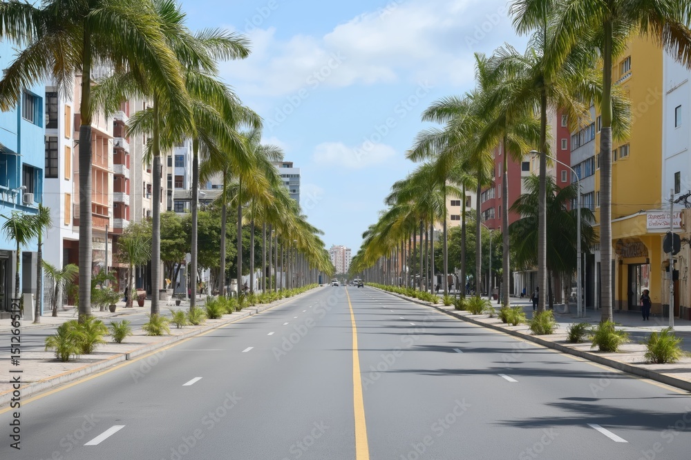 Fototapeta premium Palm tree-lined urban street in a vibrant city showcases modern architecture and tranquility