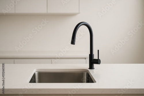 Modern minimalist kitchen scene focusing on a sleek stainless steel undermount sink with a contemporary gooseneck faucet set into a white quartz countertop ample copy space.