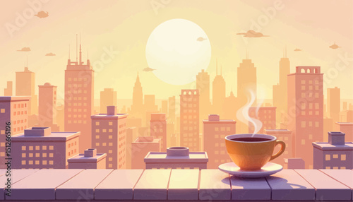 Cozy coffee cup on a balcony overlooking a city skyline at sunset  