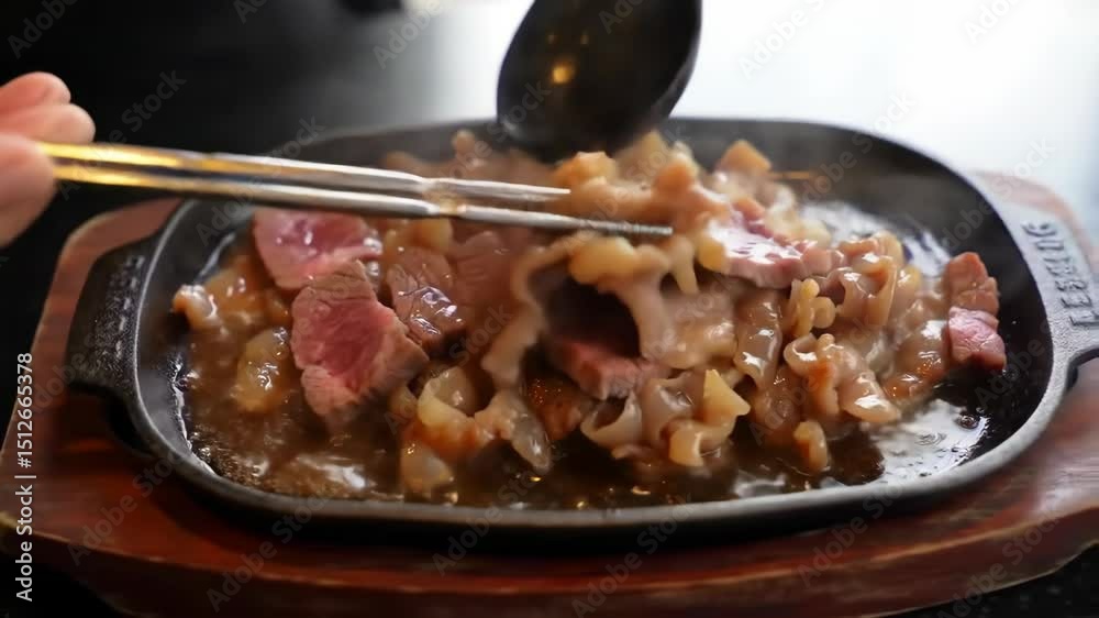 A sizzling cast iron plate of sliced steak and onions on a wooden board close up