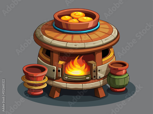 A professional vector of a traditional tandoor oven made of clay and metal, on a solid gray background