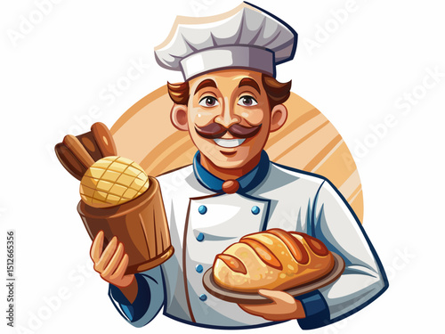 A detailed vector of a male baker wearing a white uniform and chef’s hat, smiling and holding bread, isolated on white