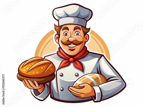 A detailed vector of a male baker wearing a white uniform and chef’s hat, smiling and holding bread, isolated on white