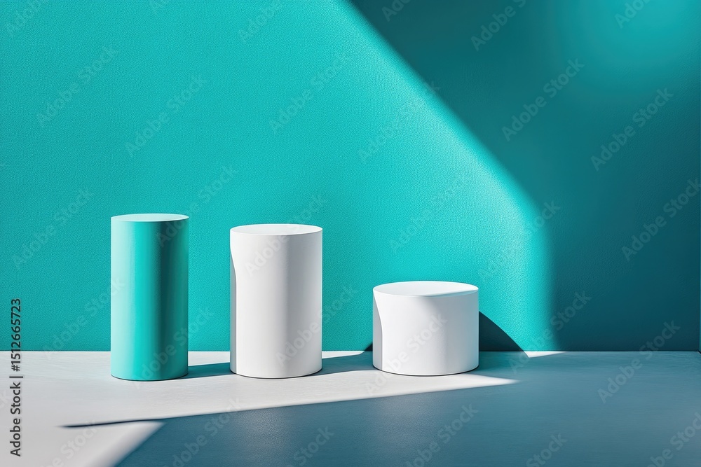Three cylindrical podiums, teal and white, against teal wall with sunlight Three cylindrical podiums, teal and white, against teal wall with sunlight