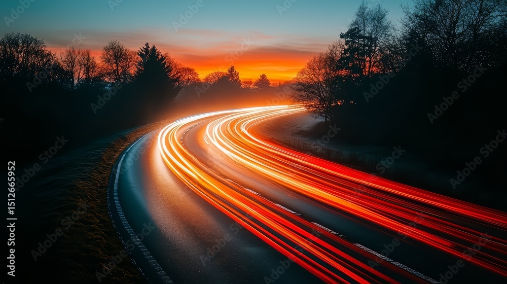 Fototapeta premium Long road with a sunset in the background. The road is illuminated by the headlights of cars, creating a sense of motion and energy. The scene evokes a feeling of excitement and anticipation