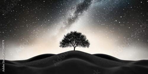 Solitary Tree on Hill Under Starry Galaxy Night Sky in Black and White Concept