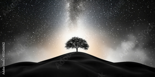 Solitary Tree on Hill Under Starry Galaxy Night Sky in Black and White Concept