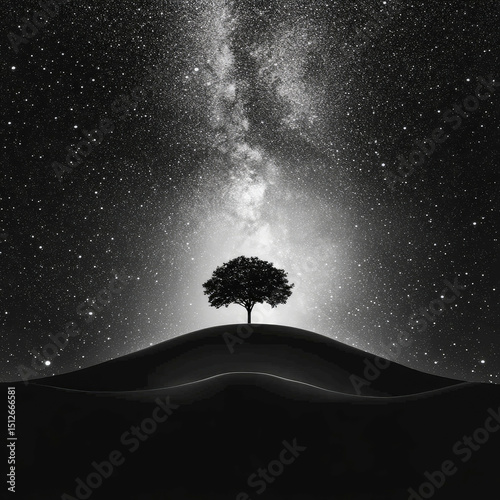 Solitary Tree on Hill Under Starry Galaxy Night Sky in Black and White Concept