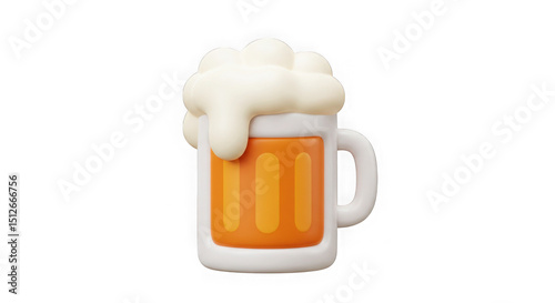3D glass beer mug filled with fresh light beer and frothy foam on top, great for celebrations and social relaxing moments.	