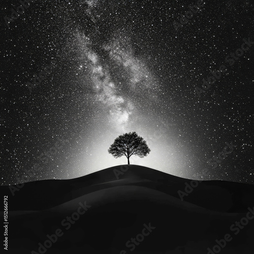 Solitary Tree on Hill Under Starry Galaxy Night Sky in Black and White Concept
